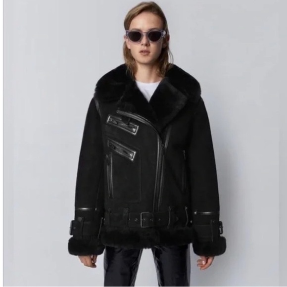 The Arrivals Jackets & Blazers - The Arrivals Moya Oversized Shearling Black Suede Moto Jacket Size Small